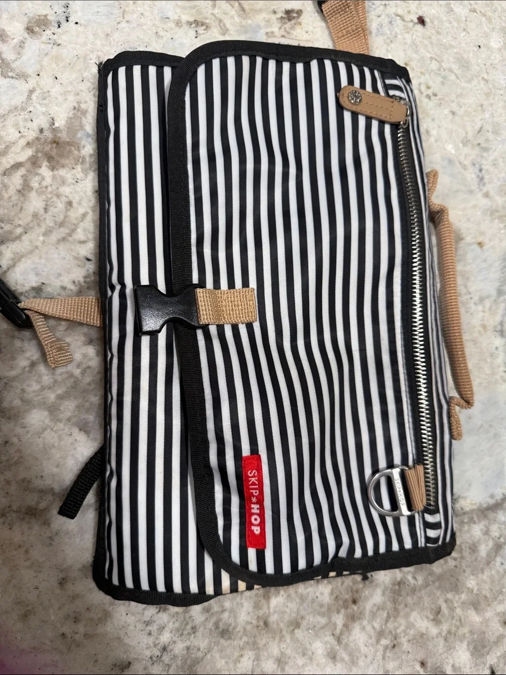 Skip Hop Black & White Striped Men's Toiletry Organizer with Tan Strap